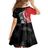 New Zealand Aotearoa Family Matching Short Sleeve Bodycon Dress and Hawaiian Shirt Kiwi Fern Maori Pattern Red Version