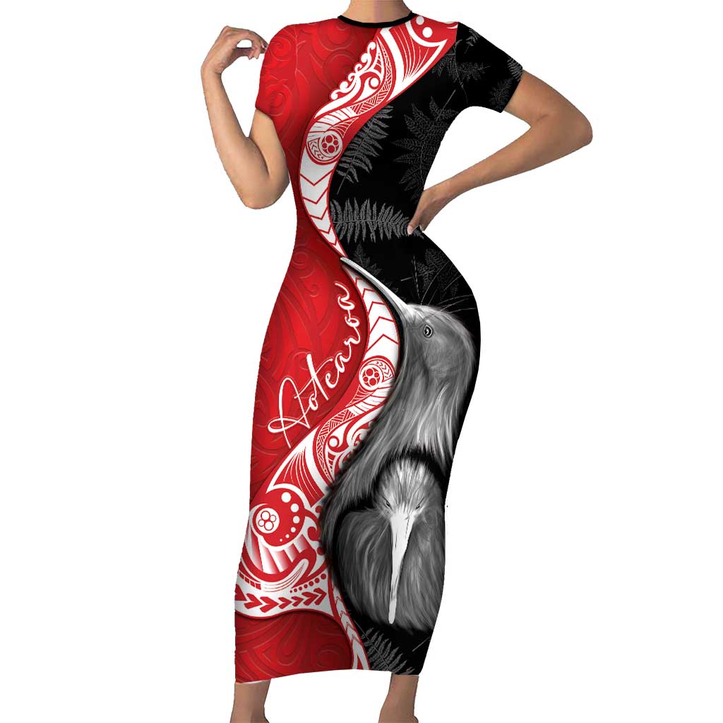 New Zealand Aotearoa Family Matching Short Sleeve Bodycon Dress and Hawaiian Shirt Kiwi Fern Maori Pattern Red Version