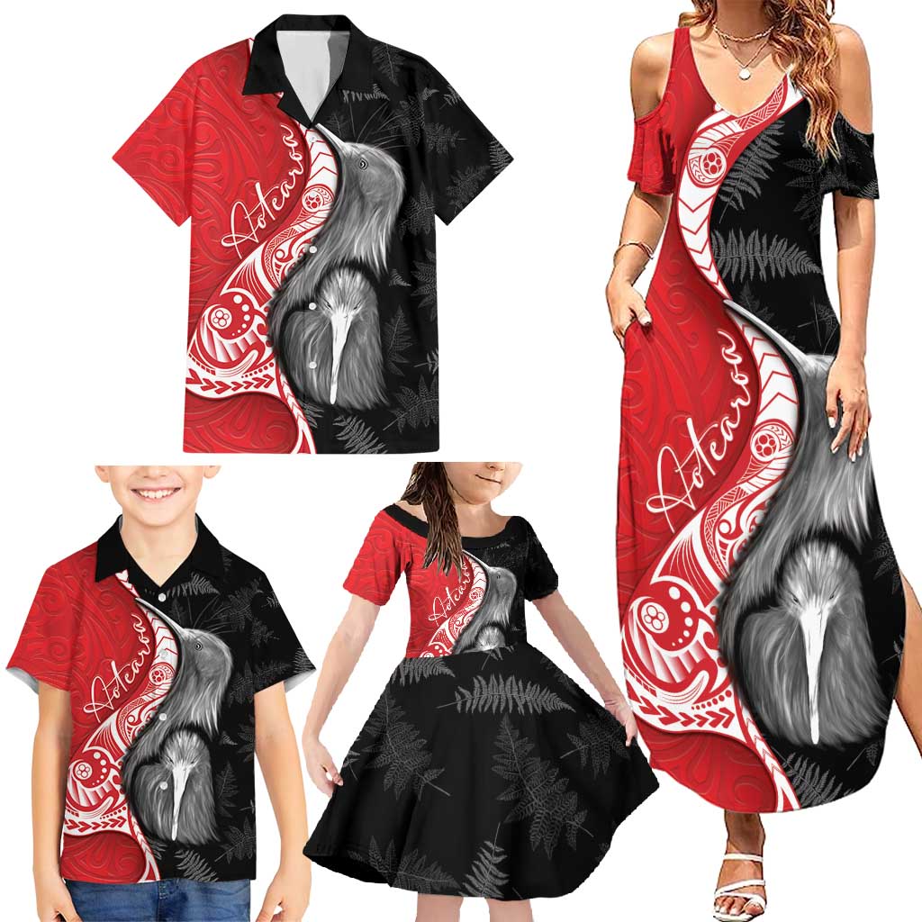 New Zealand Aotearoa Family Matching Summer Maxi Dress and Hawaiian Shirt Kiwi Fern Maori Pattern Red Version