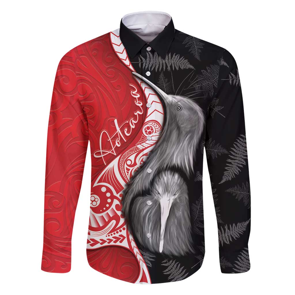 New Zealand Aotearoa Family Matching Summer Maxi Dress and Hawaiian Shirt Kiwi Fern Maori Pattern Red Version LT05 Dad's Shirt - Long Sleeve Red - Polynesian Pride