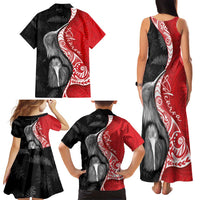 New Zealand Aotearoa Family Matching Tank Maxi Dress and Hawaiian Shirt Kiwi Fern Maori Pattern Red Version