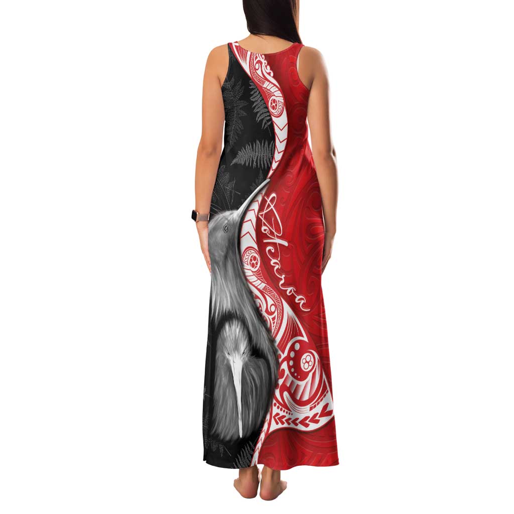 New Zealand Aotearoa Family Matching Tank Maxi Dress and Hawaiian Shirt Kiwi Fern Maori Pattern Red Version