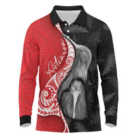 New Zealand Aotearoa Long Sleeve Polo Shirt Kiwi Fern Maori Pattern Red Version
