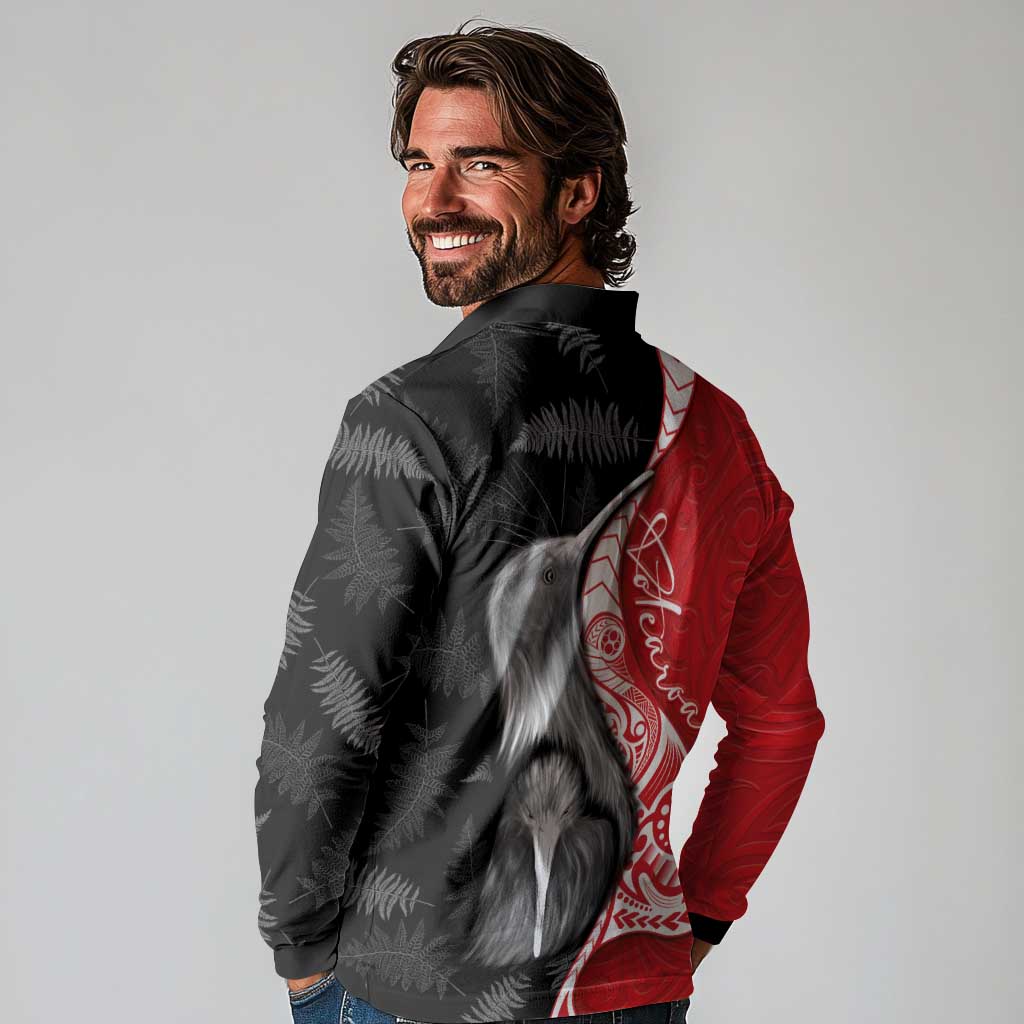 New Zealand Aotearoa Long Sleeve Polo Shirt Kiwi Fern Maori Pattern Red Version