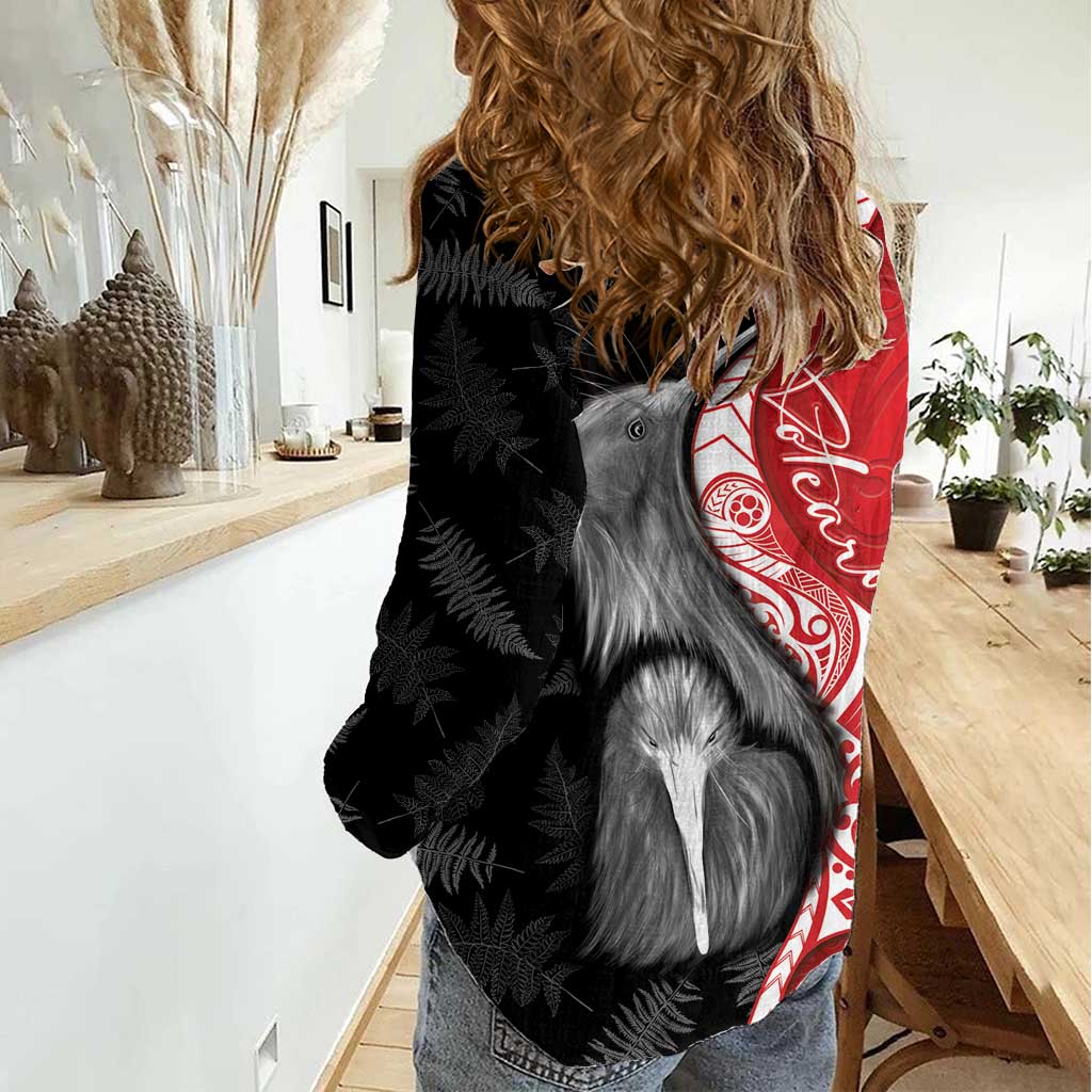 New Zealand Aotearoa Women Casual Shirt Kiwi Fern Maori Pattern Red Version