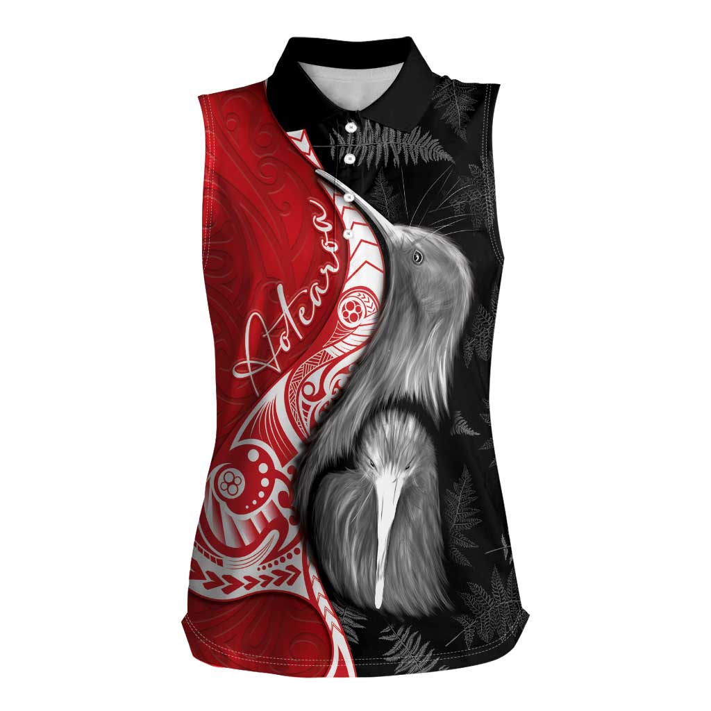 New Zealand Aotearoa Women Sleeveless Polo Shirt Kiwi Fern Maori Pattern Red Version