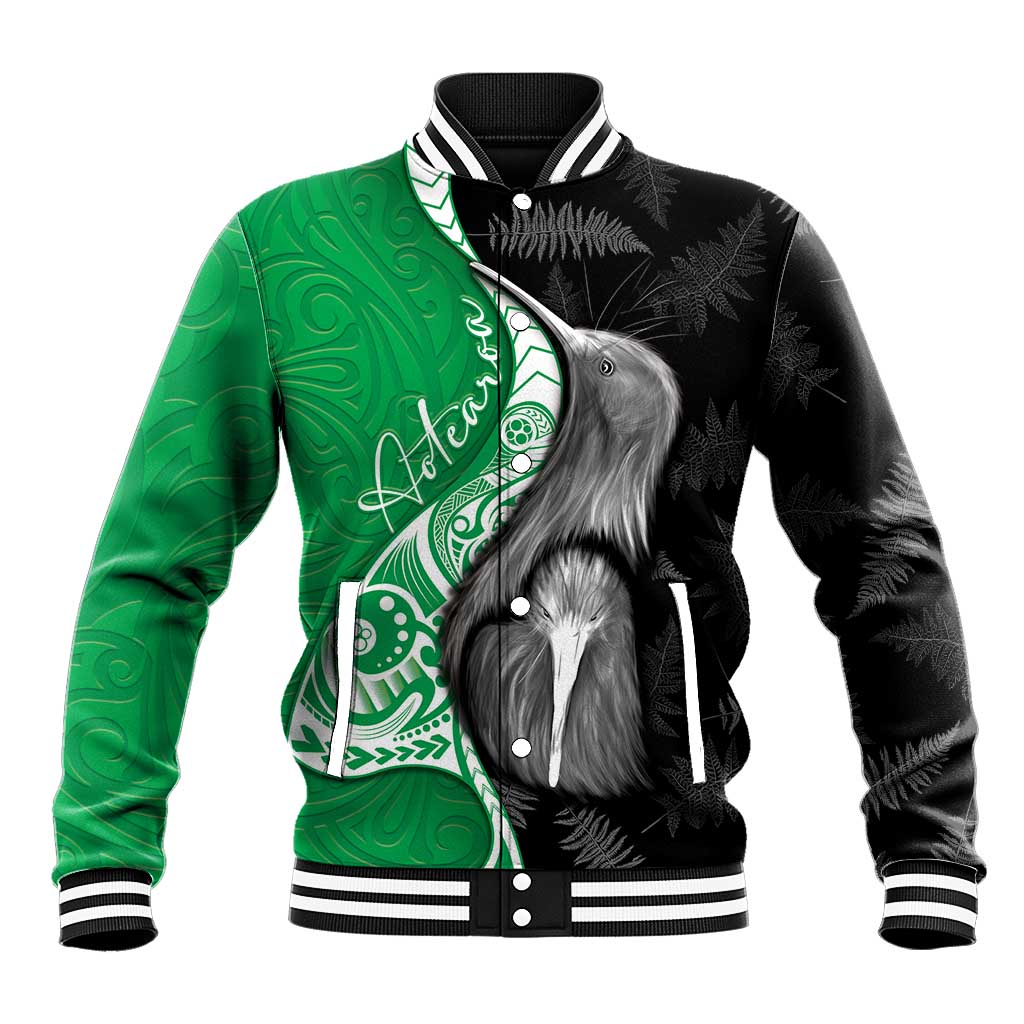 New Zealand Aotearoa Baseball Jacket Kiwi Fern Maori Pattern Green Version