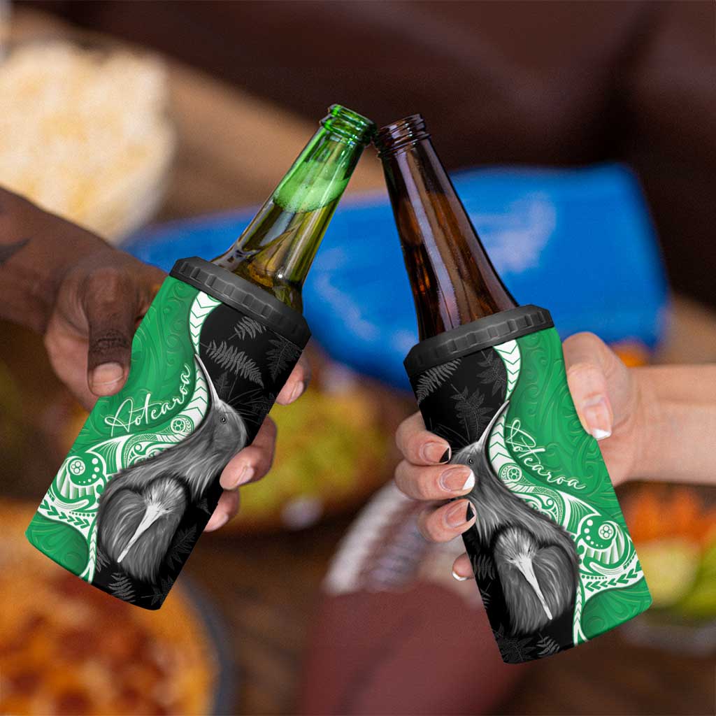 New Zealand Aotearoa 4 in 1 Can Cooler Tumbler Kiwi Fern Maori Pattern Green Version