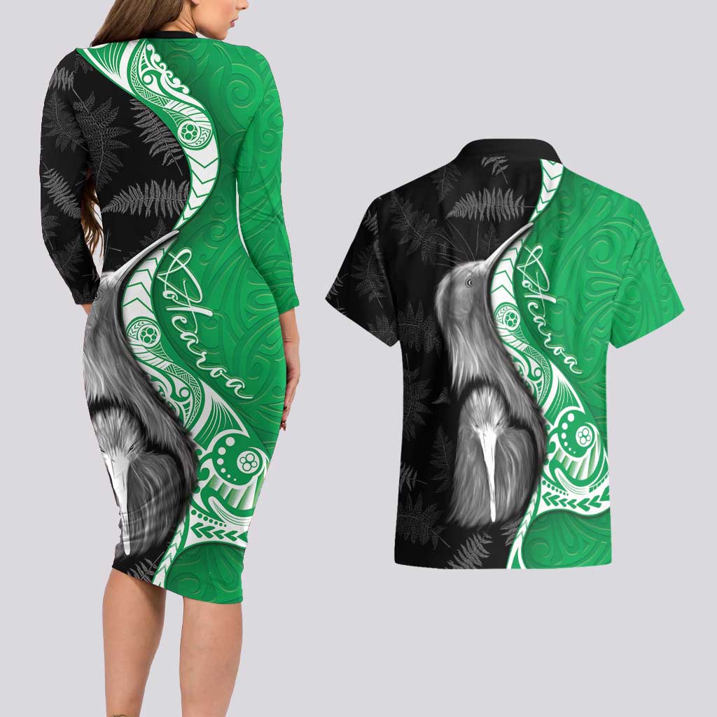 New Zealand Aotearoa Couples Matching Long Sleeve Bodycon Dress and Hawaiian Shirt Kiwi Fern Maori Pattern Green Version LT05 - Polynesian Pride