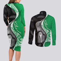New Zealand Aotearoa Couples Matching Long Sleeve Bodycon Dress and Long Sleeve Button Shirt Kiwi Fern Maori Pattern Green Version LT05 - Polynesian Pride