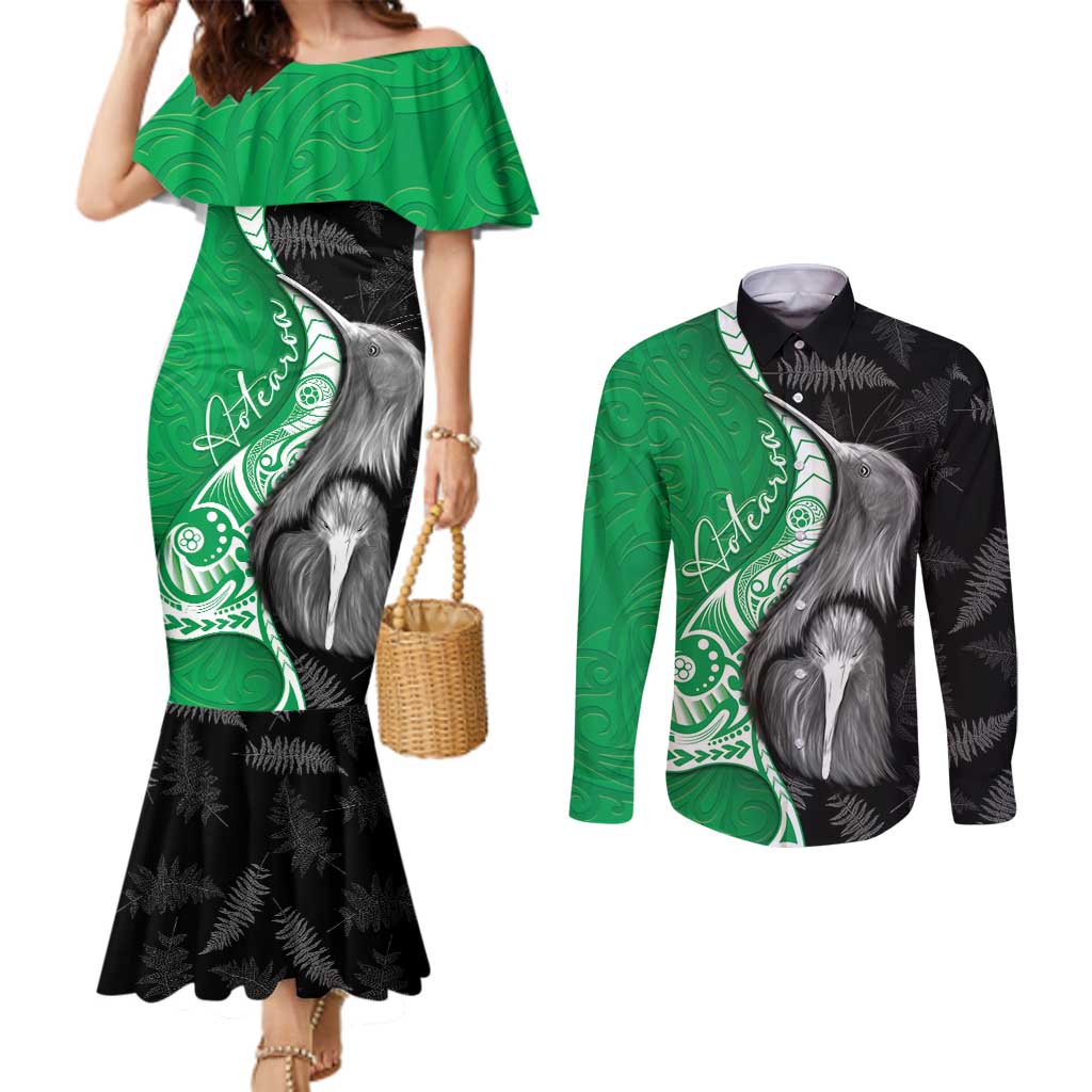 New Zealand Aotearoa Couples Matching Mermaid Dress and Long Sleeve Button Shirt Kiwi Fern Maori Pattern Green Version