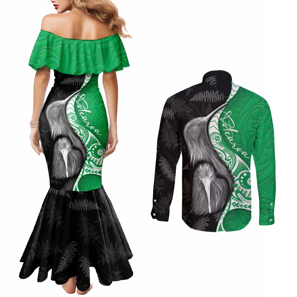 New Zealand Aotearoa Couples Matching Mermaid Dress and Long Sleeve Button Shirt Kiwi Fern Maori Pattern Green Version LT05 - Polynesian Pride