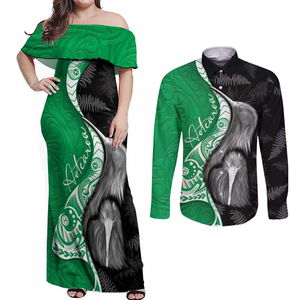 New Zealand Aotearoa Couples Matching Off Shoulder Maxi Dress and Long Sleeve Button Shirt Kiwi Fern Maori Pattern Green Version
