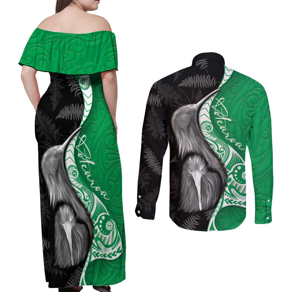 New Zealand Aotearoa Couples Matching Off Shoulder Maxi Dress and Long Sleeve Button Shirt Kiwi Fern Maori Pattern Green Version