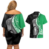 New Zealand Aotearoa Couples Matching Off Shoulder Short Dress and Hawaiian Shirt Kiwi Fern Maori Pattern Green Version LT05 - Polynesian Pride