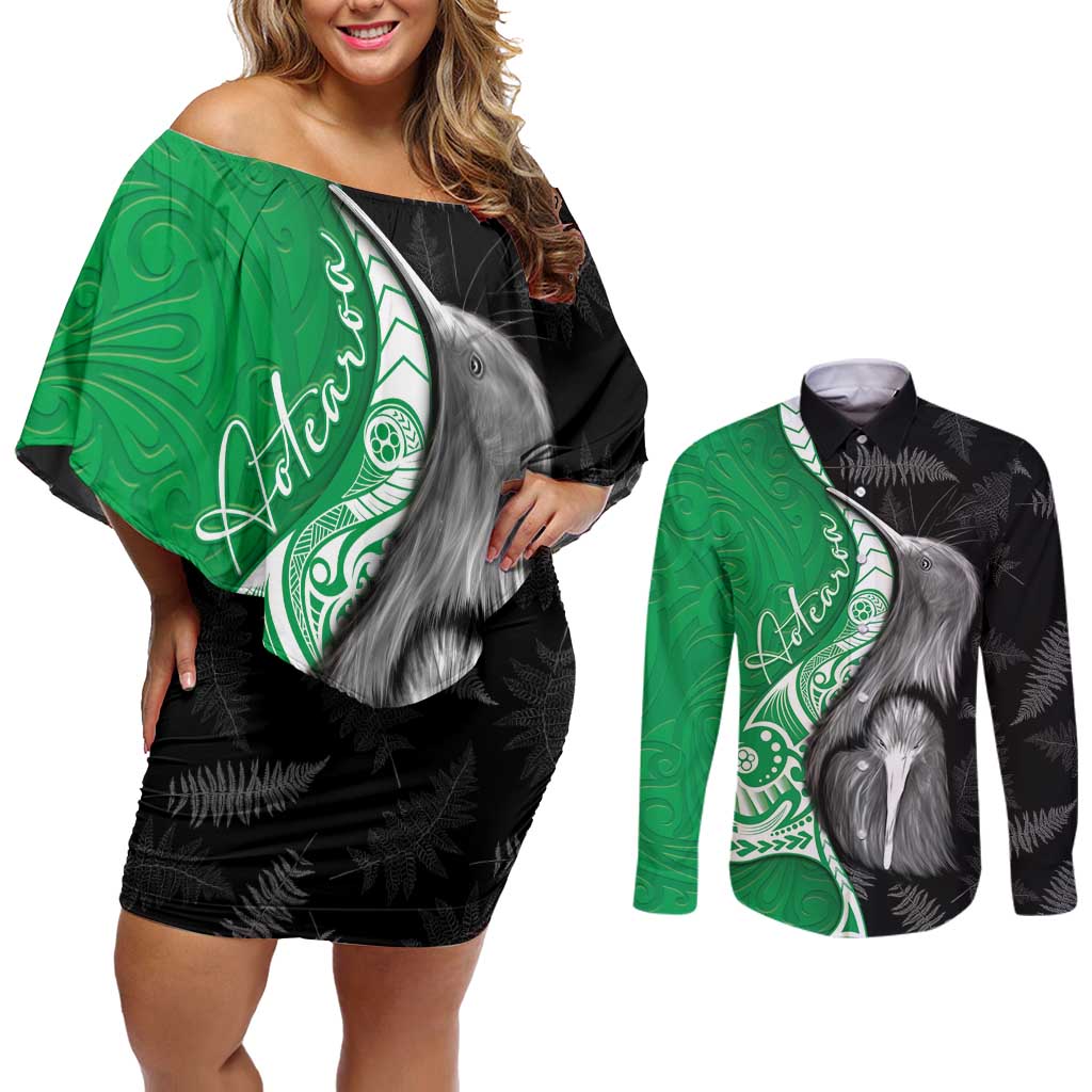 New Zealand Aotearoa Couples Matching Off Shoulder Short Dress and Long Sleeve Button Shirt Kiwi Fern Maori Pattern Green Version