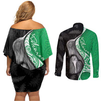 New Zealand Aotearoa Couples Matching Off Shoulder Short Dress and Long Sleeve Button Shirt Kiwi Fern Maori Pattern Green Version LT05 - Polynesian Pride