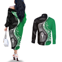 New Zealand Aotearoa Couples Matching Off The Shoulder Long Sleeve Dress and Long Sleeve Button Shirt Kiwi Fern Maori Pattern Green Version LT05 - Polynesian Pride