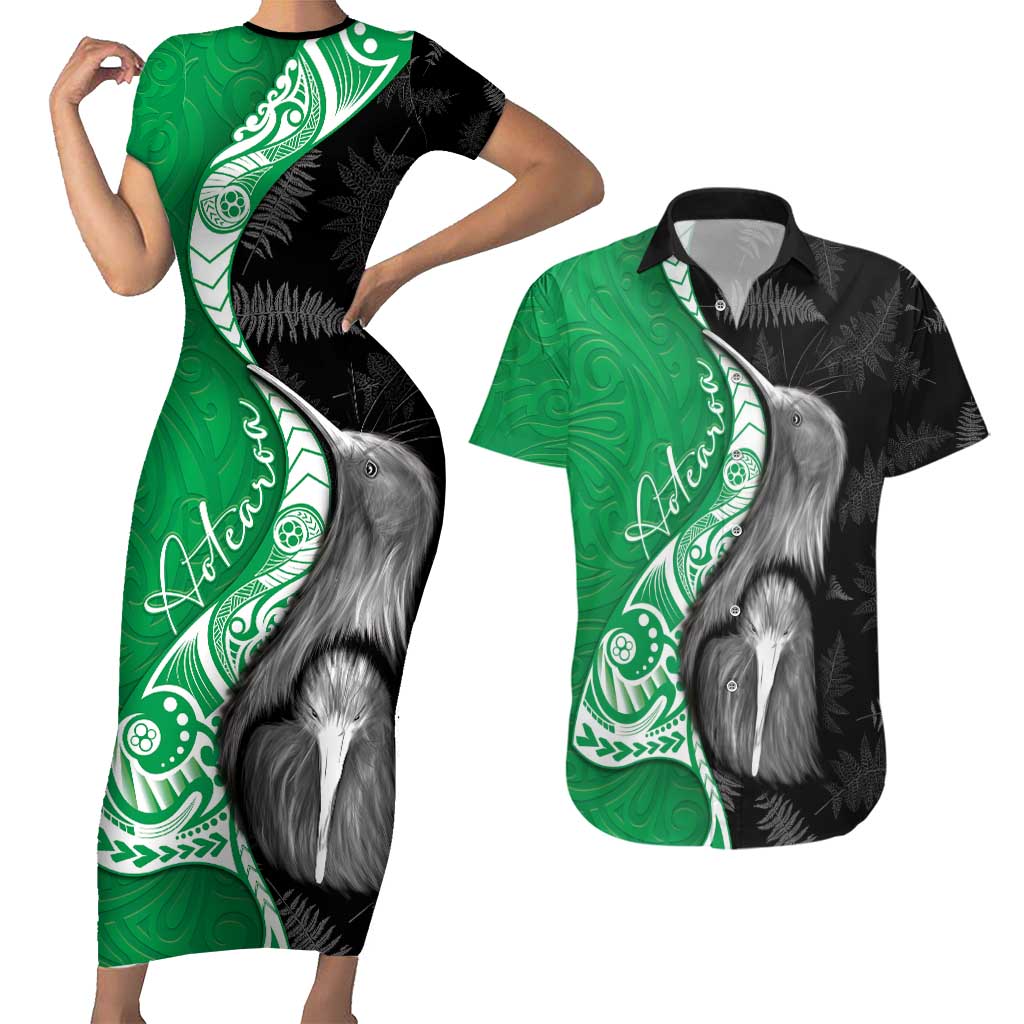 New Zealand Aotearoa Couples Matching Short Sleeve Bodycon Dress and Hawaiian Shirt Kiwi Fern Maori Pattern Green Version LT05 Green - Polynesian Pride