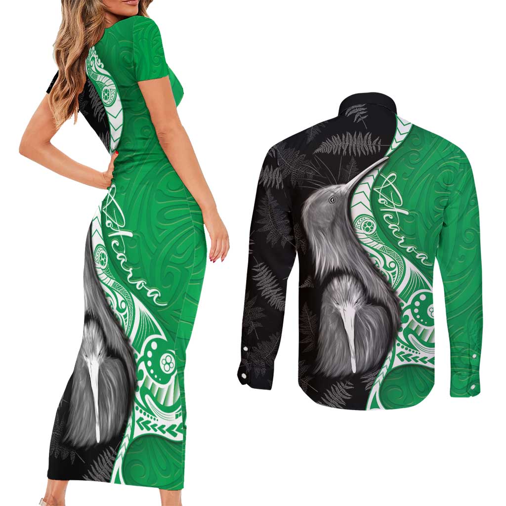 New Zealand Aotearoa Couples Matching Short Sleeve Bodycon Dress and Long Sleeve Button Shirt Kiwi Fern Maori Pattern Green Version LT05 - Polynesian Pride