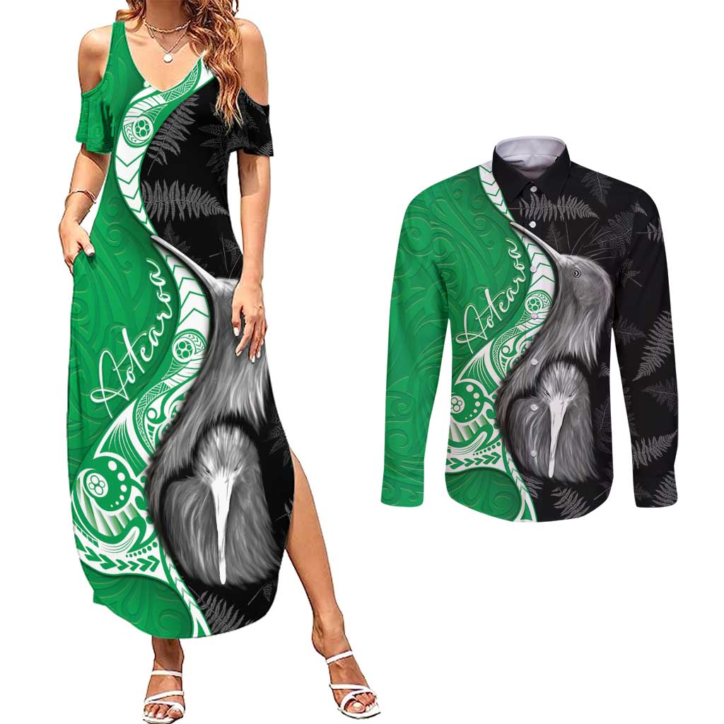 New Zealand Aotearoa Couples Matching Summer Maxi Dress and Long Sleeve Button Shirt Kiwi Fern Maori Pattern Green Version