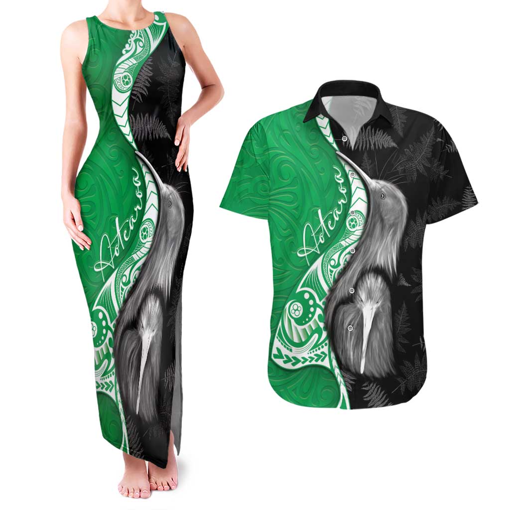 New Zealand Aotearoa Couples Matching Tank Maxi Dress and Hawaiian Shirt Kiwi Fern Maori Pattern Green Version LT05 Green - Polynesian Pride