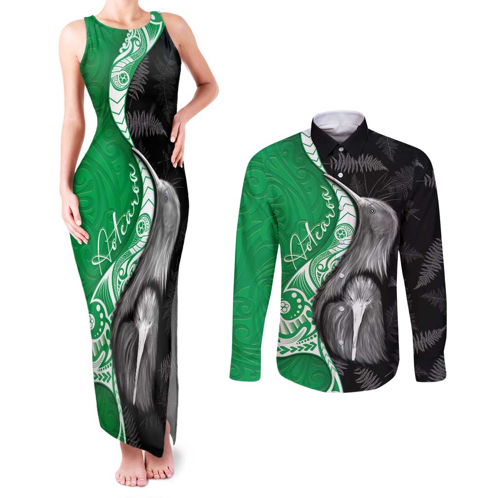 New Zealand Aotearoa Couples Matching Tank Maxi Dress and Long Sleeve Button Shirt Kiwi Fern Maori Pattern Green Version