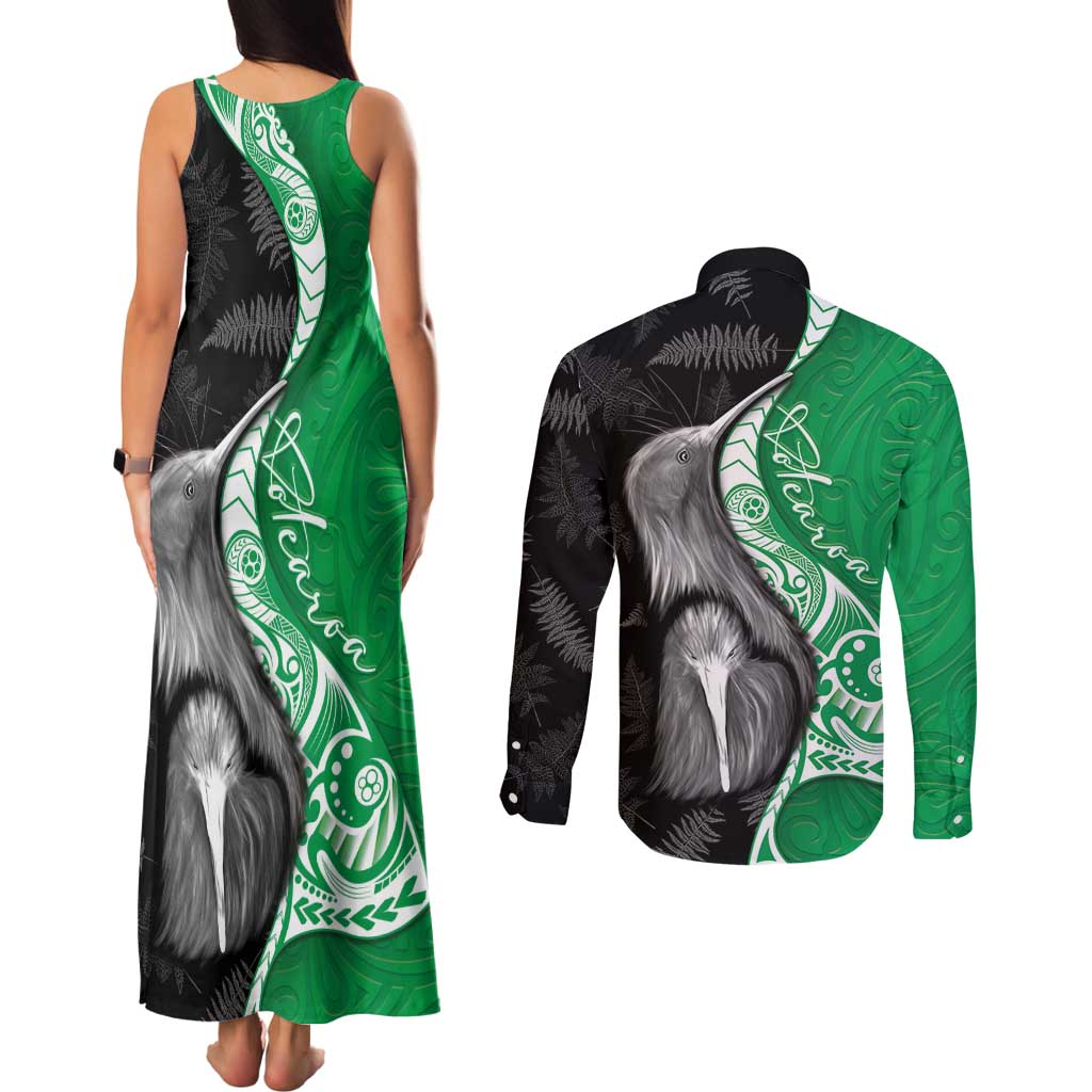 New Zealand Aotearoa Couples Matching Tank Maxi Dress and Long Sleeve Button Shirt Kiwi Fern Maori Pattern Green Version LT05 - Polynesian Pride