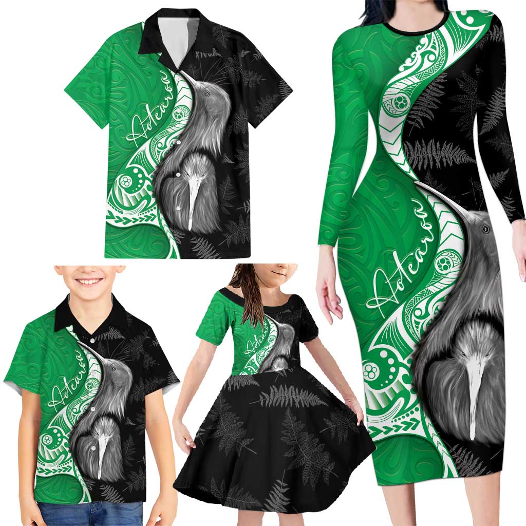 New Zealand Aotearoa Family Matching Long Sleeve Bodycon Dress and Hawaiian Shirt Kiwi Fern Maori Pattern Green Version