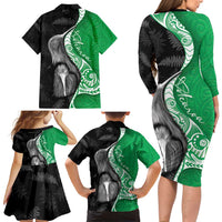 New Zealand Aotearoa Family Matching Long Sleeve Bodycon Dress and Hawaiian Shirt Kiwi Fern Maori Pattern Green Version