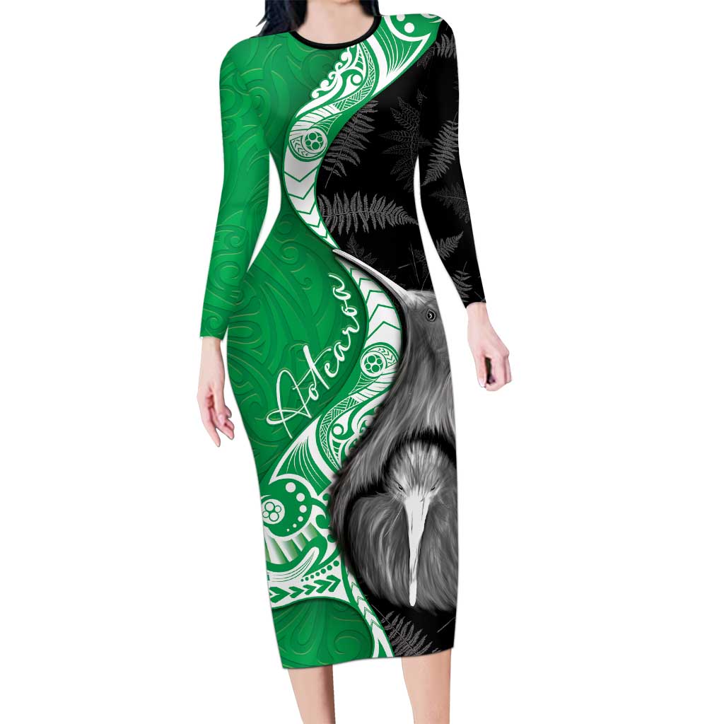 New Zealand Aotearoa Family Matching Long Sleeve Bodycon Dress and Hawaiian Shirt Kiwi Fern Maori Pattern Green Version