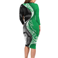 New Zealand Aotearoa Family Matching Long Sleeve Bodycon Dress and Hawaiian Shirt Kiwi Fern Maori Pattern Green Version
