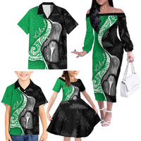 New Zealand Aotearoa Family Matching Off The Shoulder Long Sleeve Dress and Hawaiian Shirt Kiwi Fern Maori Pattern Green Version