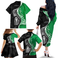 New Zealand Aotearoa Family Matching Off The Shoulder Long Sleeve Dress and Hawaiian Shirt Kiwi Fern Maori Pattern Green Version