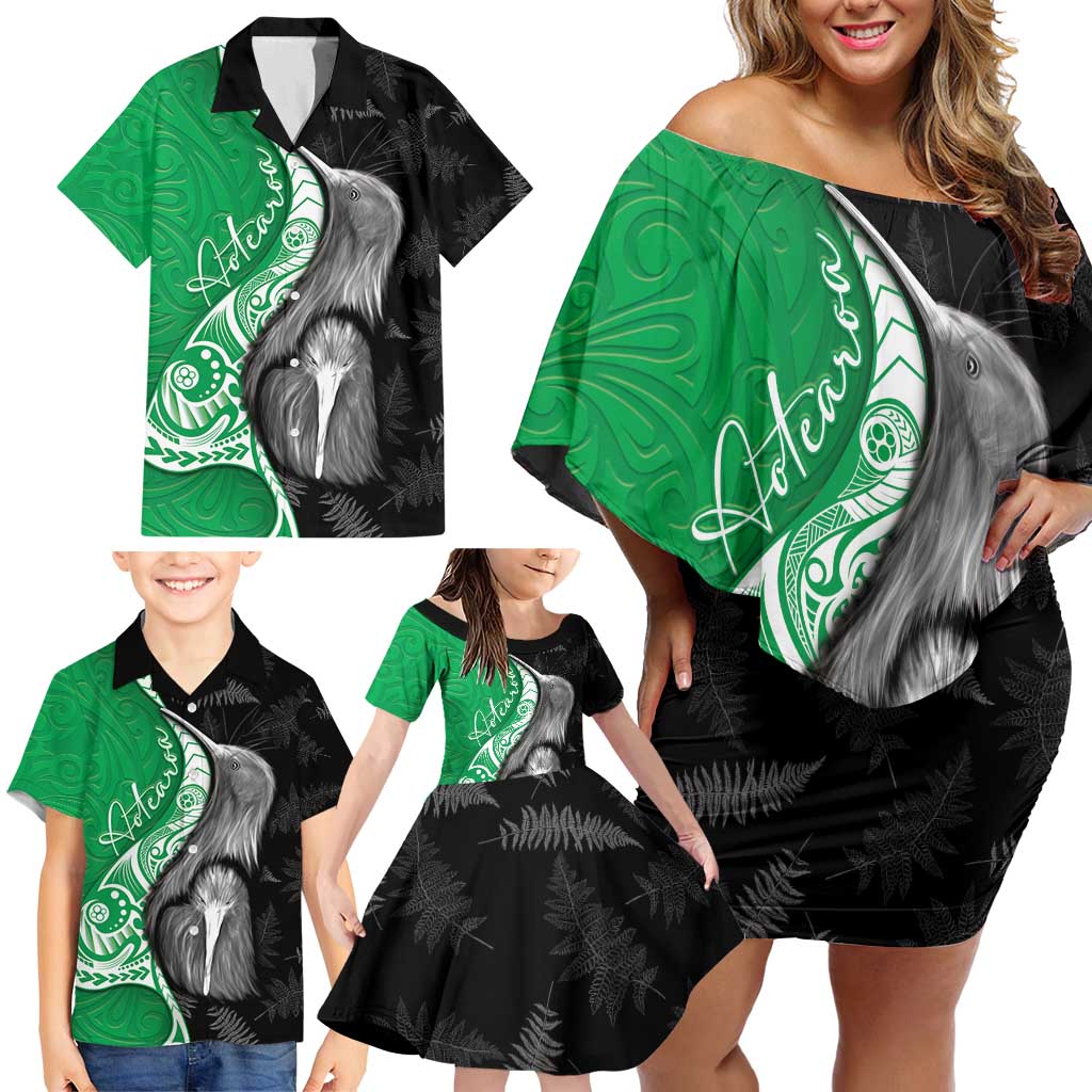 New Zealand Aotearoa Family Matching Off Shoulder Short Dress and Hawaiian Shirt Kiwi Fern Maori Pattern Green Version