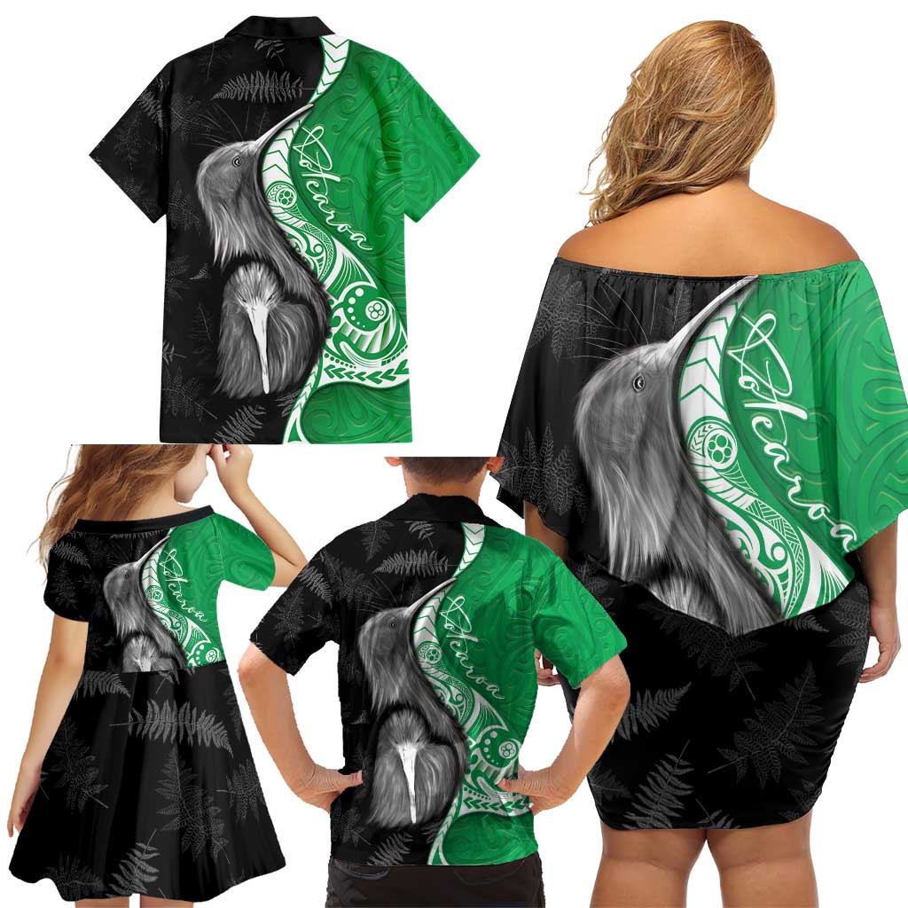 New Zealand Aotearoa Family Matching Off Shoulder Short Dress and Hawaiian Shirt Kiwi Fern Maori Pattern Green Version LT05 - Polynesian Pride