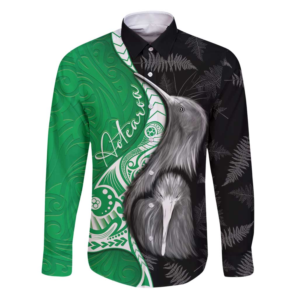 New Zealand Aotearoa Family Matching Puletasi and Hawaiian Shirt Kiwi Fern Maori Pattern Green Version LT05 Dad's Shirt - Long Sleeve Green - Polynesian Pride