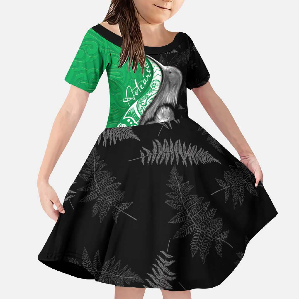 New Zealand Aotearoa Family Matching Short Sleeve Bodycon Dress and Hawaiian Shirt Kiwi Fern Maori Pattern Green Version