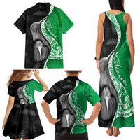 New Zealand Aotearoa Family Matching Tank Maxi Dress and Hawaiian Shirt Kiwi Fern Maori Pattern Green Version