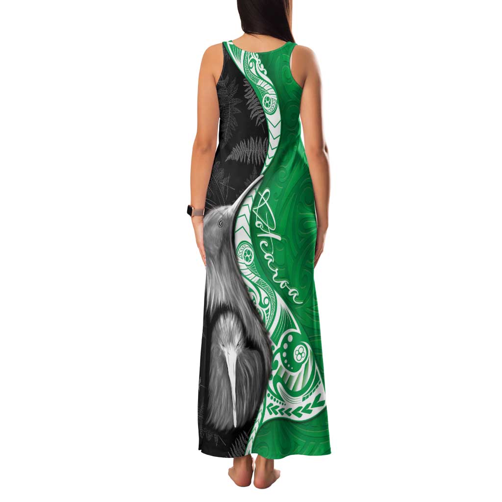New Zealand Aotearoa Family Matching Tank Maxi Dress and Hawaiian Shirt Kiwi Fern Maori Pattern Green Version