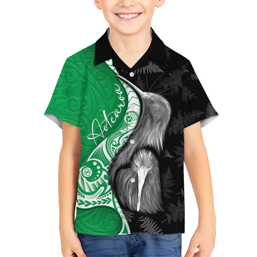 New Zealand Aotearoa Kid Hawaiian Shirt Kiwi Fern Maori Pattern Green Version