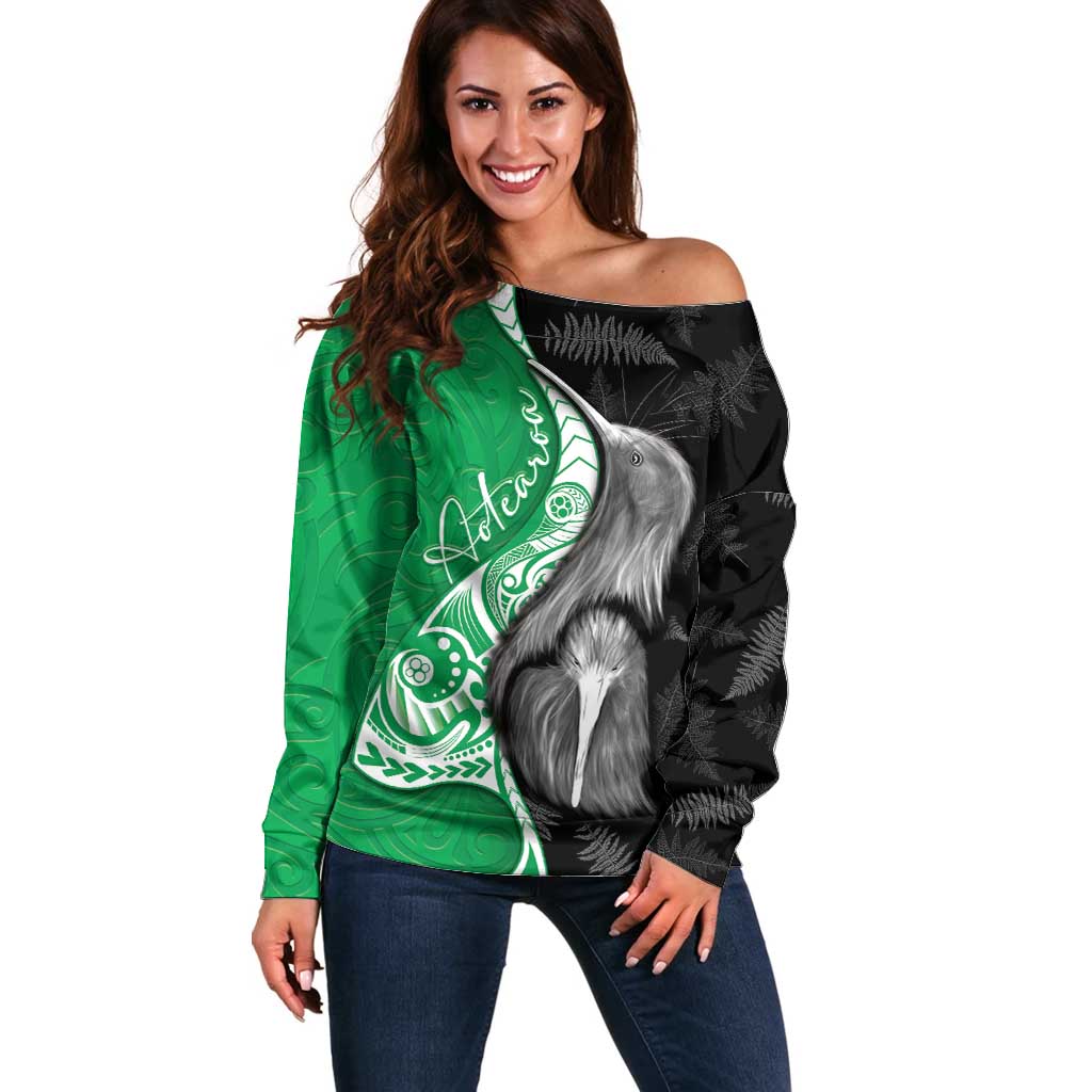 New Zealand Aotearoa Off Shoulder Sweater Kiwi Fern Maori Pattern Green Version