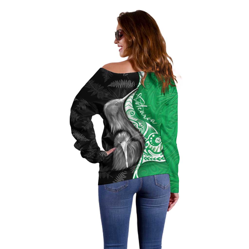 New Zealand Aotearoa Off Shoulder Sweater Kiwi Fern Maori Pattern Green Version