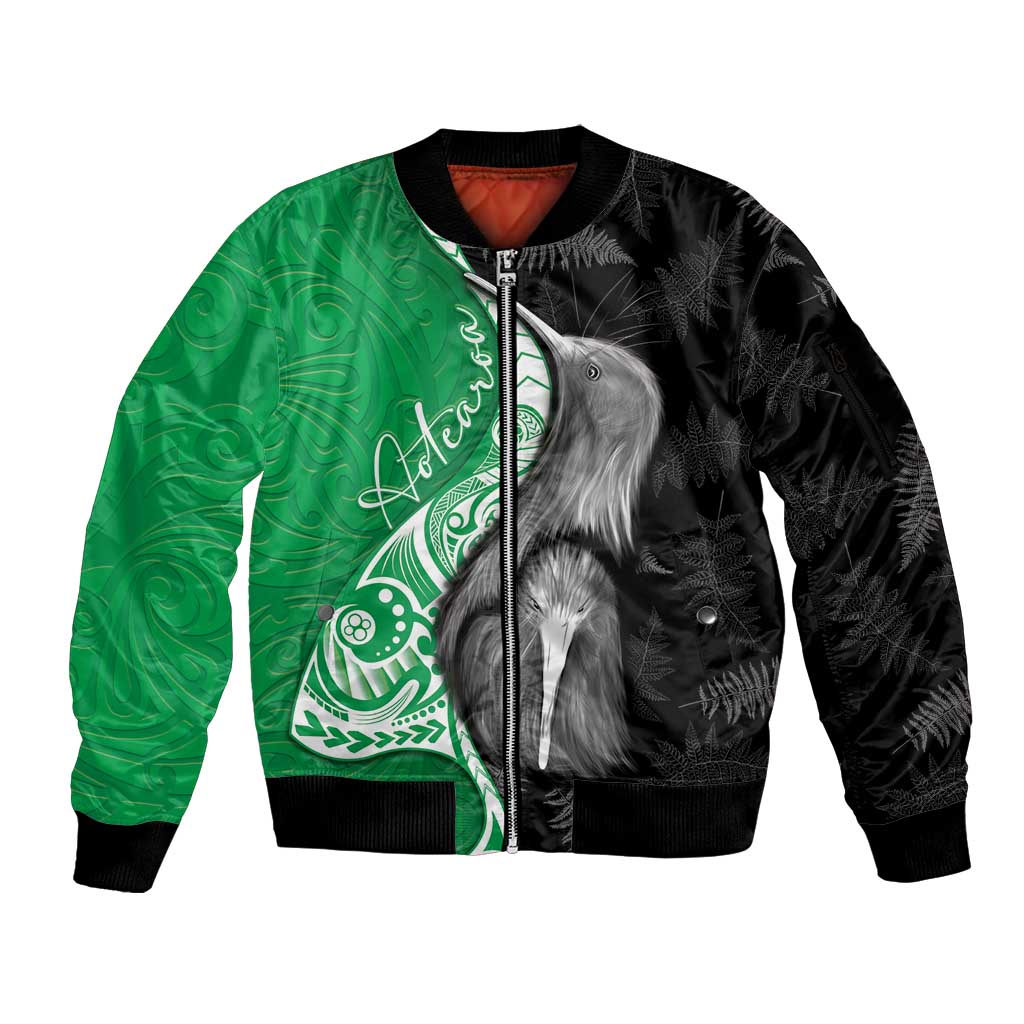 New Zealand Aotearoa Sleeve Zip Bomber Jacket Kiwi Fern Maori Pattern Green Version LT05 Unisex Green - Polynesian Pride