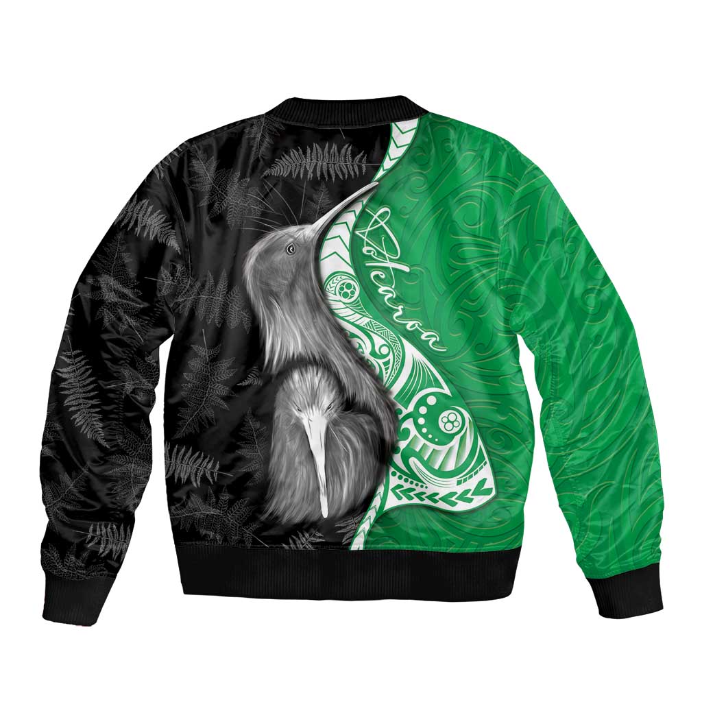 New Zealand Aotearoa Sleeve Zip Bomber Jacket Kiwi Fern Maori Pattern Green Version LT05 - Polynesian Pride