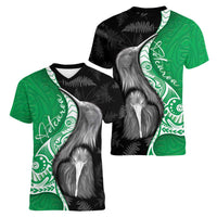 New Zealand Aotearoa Women V-Neck T-Shirt Kiwi Fern Maori Pattern Green Version LT05 - Polynesian Pride