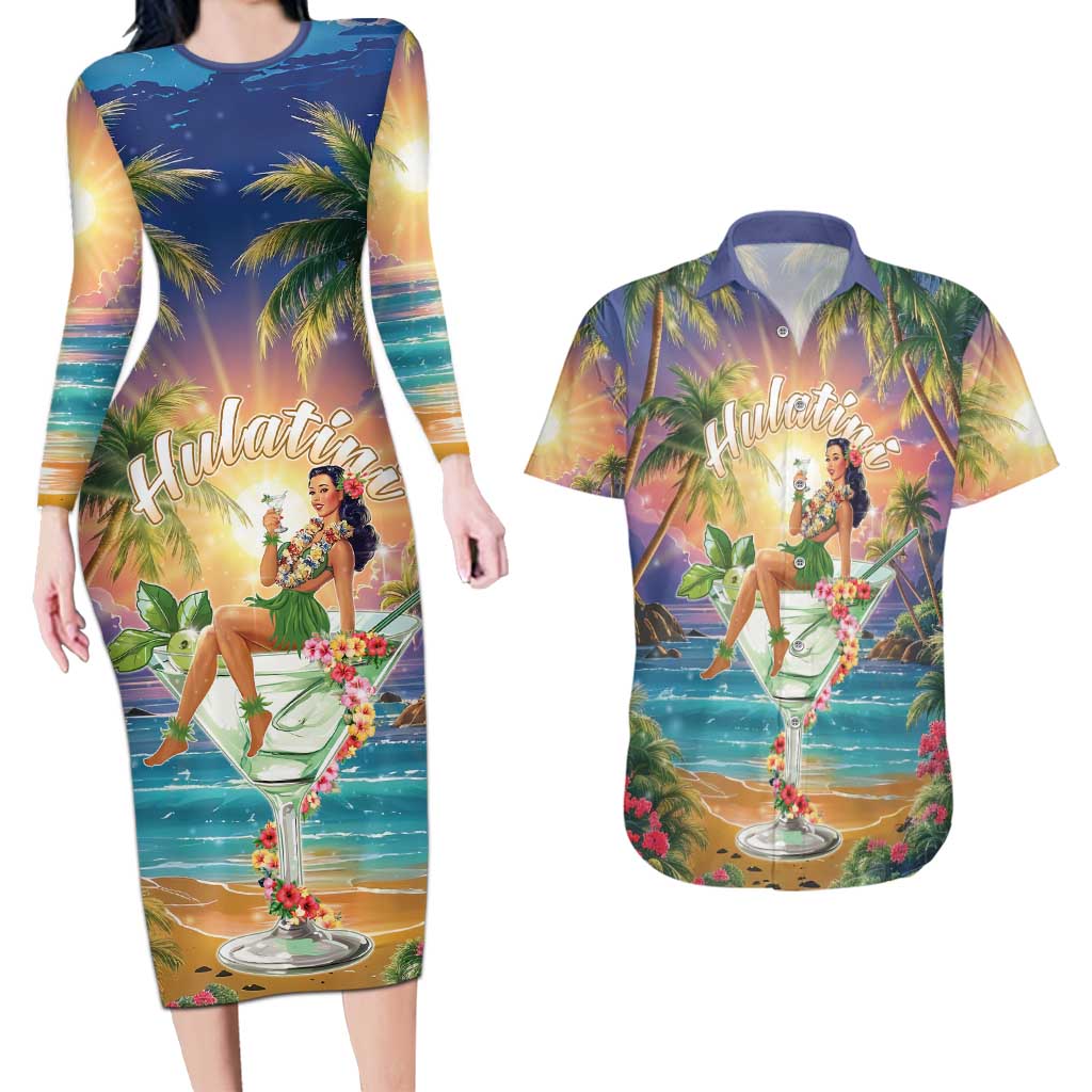 Aloha Hawaii Couples Matching Long Sleeve Bodycon Dress and Hawaiian Shirt Hula Martini Tropical Vibes - Polynesian Pride