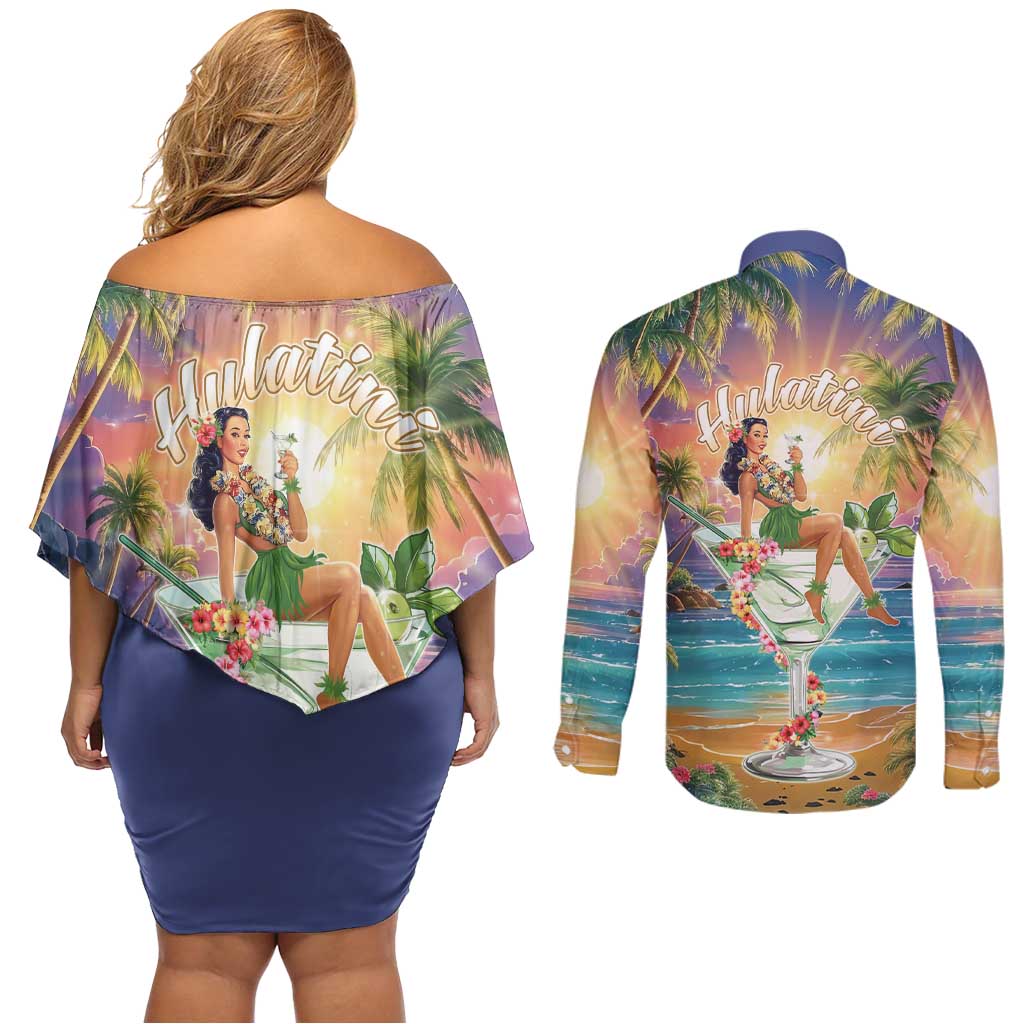 Aloha Hawaii Couples Matching Off Shoulder Short Dress and Long Sleeve Button Shirt Hula Martini Tropical Vibes - Polynesian Pride