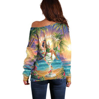 Aloha Hawaii Off Shoulder Sweater Hula Martini Tropical Vibes - Polynesian Pride