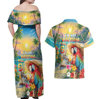 Hawaii Parrot Couples Matching Off Shoulder Maxi Dress and Hawaiian Shirt Im Not Waiting Till 5 Oclock